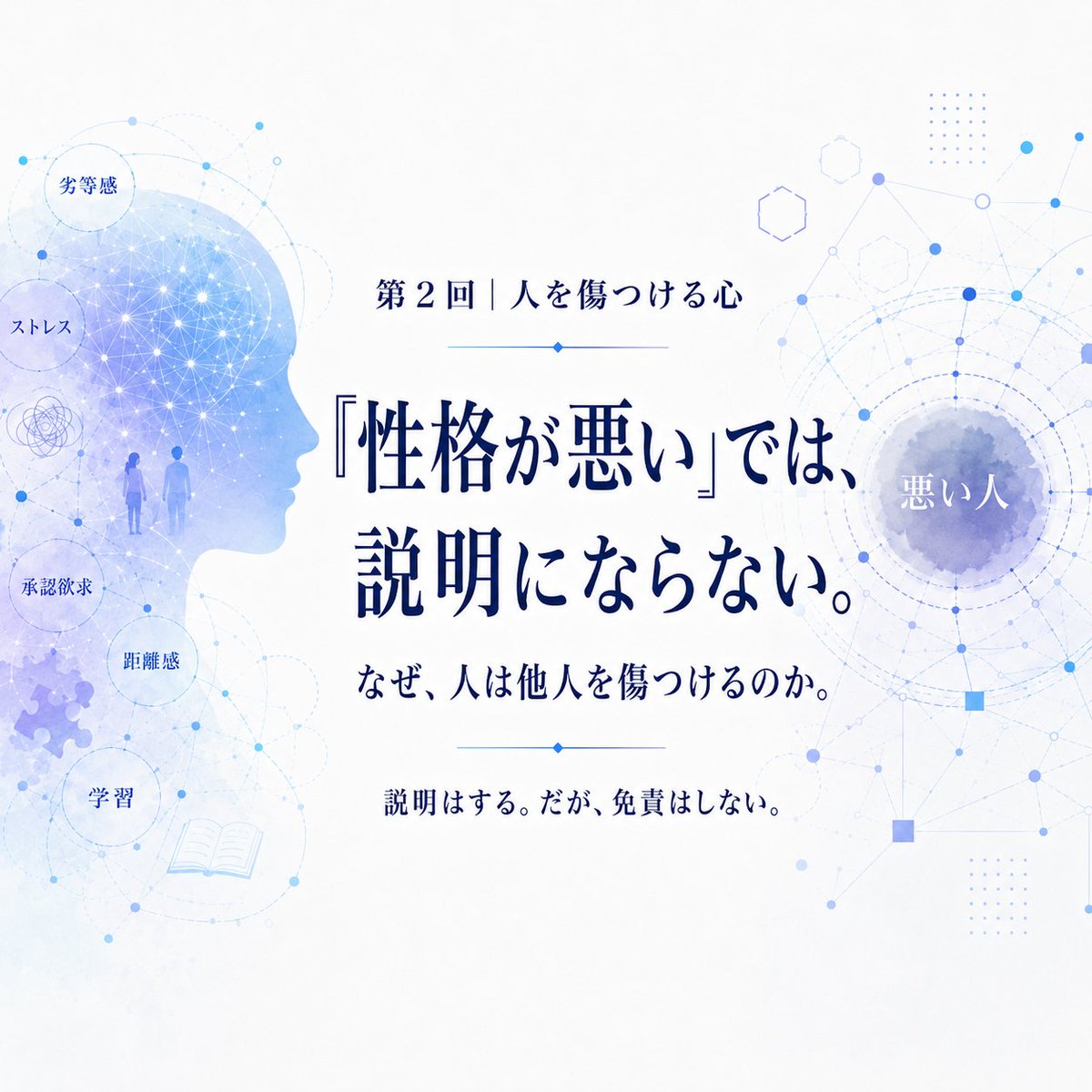 toshizo2023ip's tweet photo. 人を傷つける人を見ると、つい「あの人は性格が悪い」と考えてしまいます。

簡単です。そして、たいていはそれで話が終わります。

でも、性格が悪いというのは、説明ではありません。

強い劣等感があるのかもしれない。慢性的なストレスの向け先になっているのかもしれない。認められたいという欲求が、誰かを笑いものにする形で出ているのかもしれない。距離の取り方を学んでこなかっただけかもしれない。

ただし、ここには線があります。

背景を理解することと、正当化することは違う。

つらい環境で育った経験が、その人の攻撃性に影響している可能性はあります。でも「だから傷つけても仕方がない」にはなりません。

説明はする。だが、免責はしない。

原因を知りたいのは、擁護するためではなく、同じことを繰り返させないためです。

そして、ここで少し嫌な問いが出てきます。

他人を傷つける仕組みが、人間一般の心の中にあるものだとしたら。それは、私の中にもあるのではないか。

連載の第2回です。

▼ なぜ、あの人は平気で他人の心を傷つけるのか
https://t.co/p1zfdaleNX