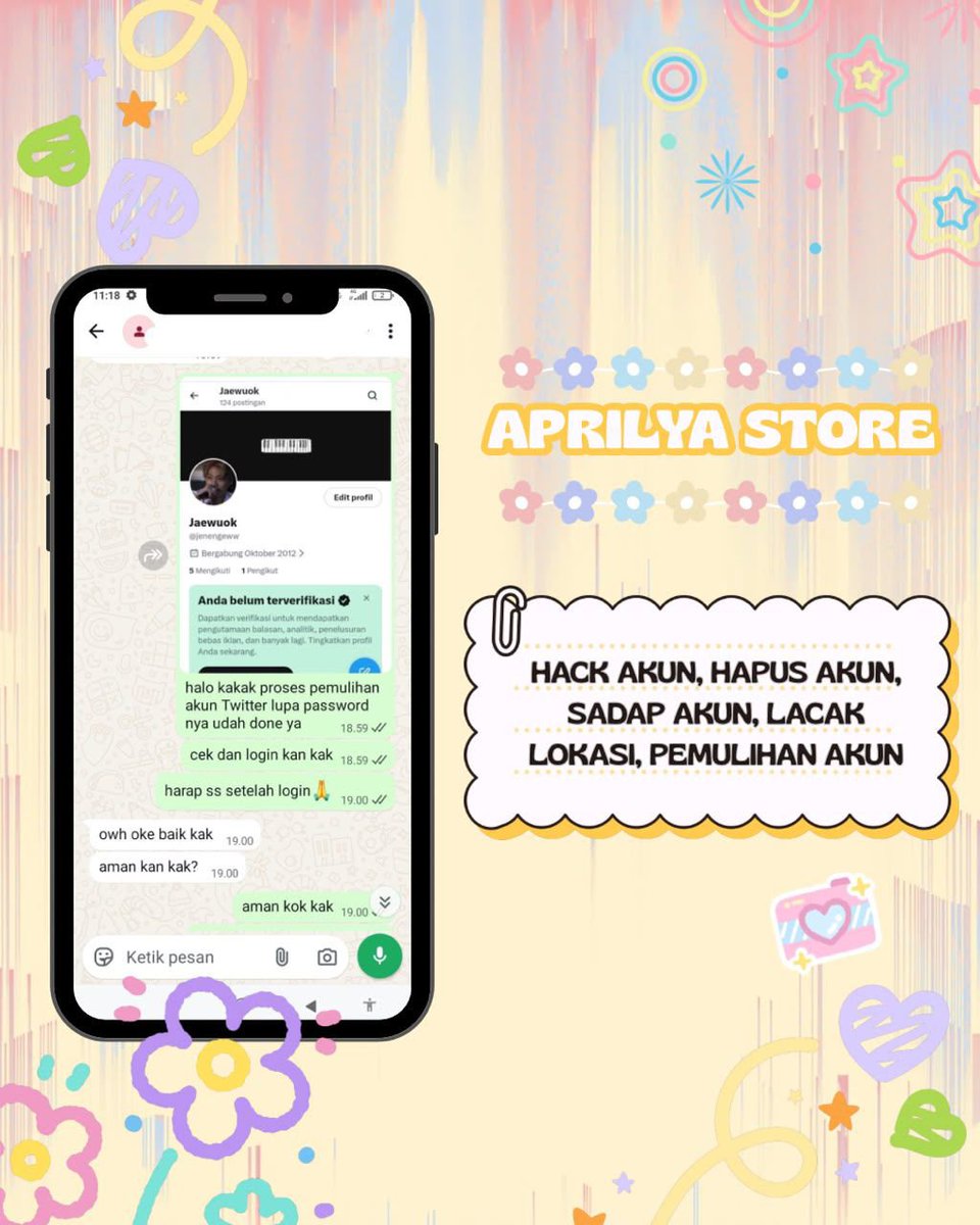 espresao's tweet photo. JASA PEMULIHAN AKUN/DELETE AKUN, BERGARANSI RESMI GUYSS

KENDALA :#zonajajan
🧸PULIHKAN CHT WA LAMA
🧸JASA SADAP WA/IG
🧸LUPA PASWORD &amp; LUPA DATA2
🧸JASA HAPUS AKUN ALL SOSMED
🧸JASA PULIHKAN AKUN ALL GAME
GOGGLE ,GMAIL,INSTAGRAM,TWITER, FB,TIKTOK,DLL #zonauang

Fast WA di BIO‼️ https://t.co/c4orGbuDlA