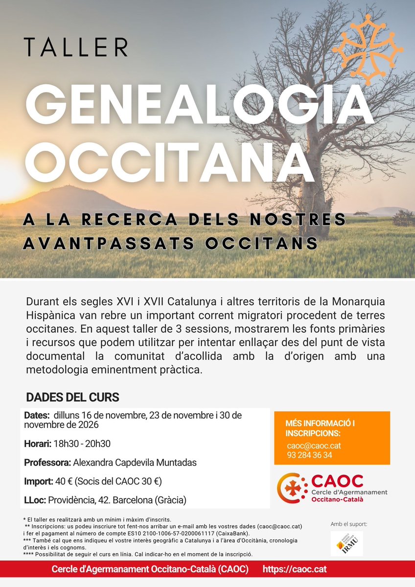 CAOC_'s tweet photo. 🌈Nova edició del taller de genealogia occitana!! Reserva't les dates, aquest cop no te'l pots perdre! 

🔎Descobreix els teus orígens occitans🧬

🎓 Alexandra Capdevila Muntadas
📆  dilluns, 16 de novembre, 23 de novembre i 30 de novembre de 2026
📝 caoc@caoc.cat https://t.co/k94yrmAjnL