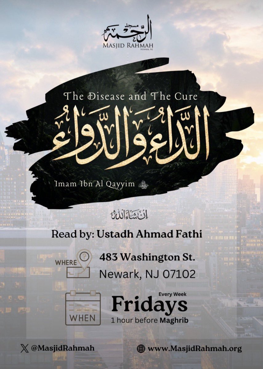 masjidrahmah's tweet photo. Class will resume tonight @masjidrahmah, B’ithnillah.

📚: The Disease and The Cure: 
           Imam Ibn Al Qayyim

⏰: 1 Hour Before Maghrib

🎙️: Ustaadh Ahmad Fathi https://t.co/wHrMeoiSgL