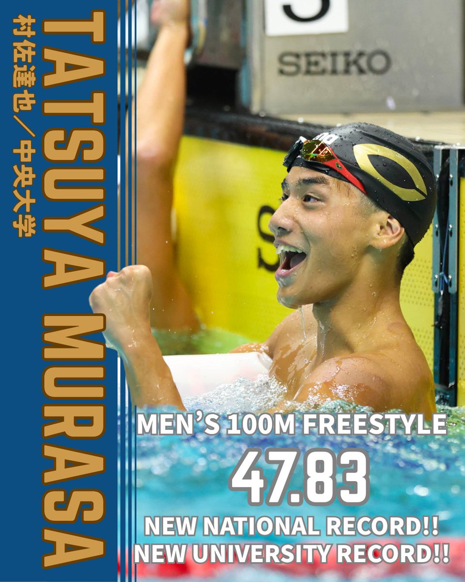JAQUA1924's tweet photo. NEW RECORD！
第102回日本学生選手権水泳競技大会 競泳競技
男子4×100mフリー��レー 第1泳者
#村佐達也（中央大学） @tatsuya_murasa 
47秒83
100m自由形
日本新記録　＆　日本学生新記録樹立！
おめでとうございます！
#AQUACREW
photo by @photokishimoto https://t.co/7ramhNJYht