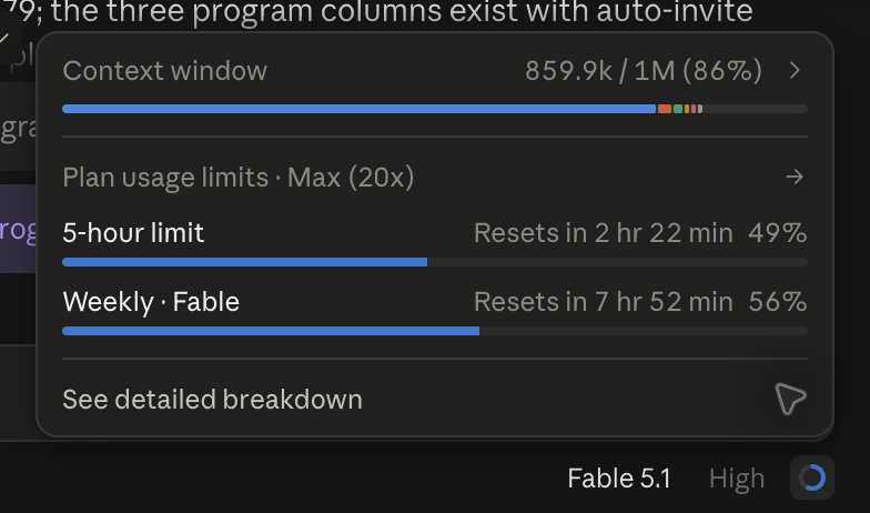 HansenIsSo's tweet photo. @Anthropic's pricing on Fable 5.1 is driving users away.

I have the 20x plan. I've long been a loyal customer of #ClaudeCode. But this is silly.

I can put ~1 major task on #Fable5.1 PER WEEK. I have to avoid running other agents in parallel (so tasks don't stall due to 5-hour limits). 

Yes, Fable 5.1 is a great model. But with #GPT6 Astra on the horizon and open models not far behind, this type of pricing and limits will drive many power users away.