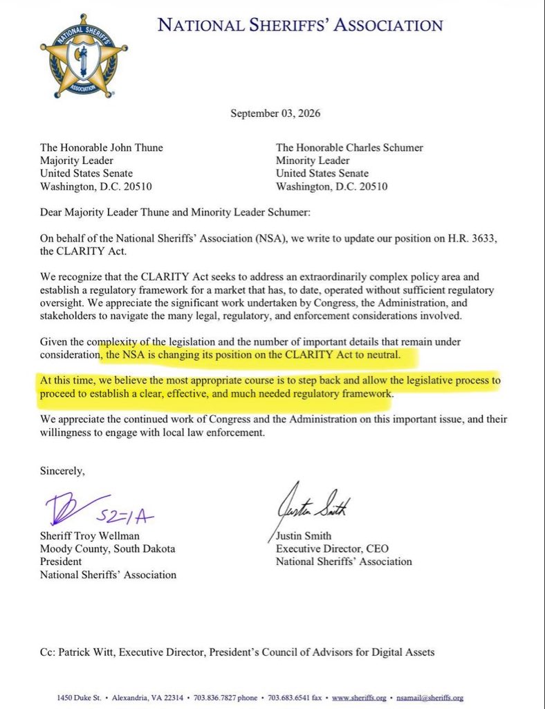 WhaleInsider's tweet photo. JUST IN: 🇺🇸 Major U.S. enforcement group, the NSA, now supports the CLARITY Act. https://t.co/H4htHZzZEg