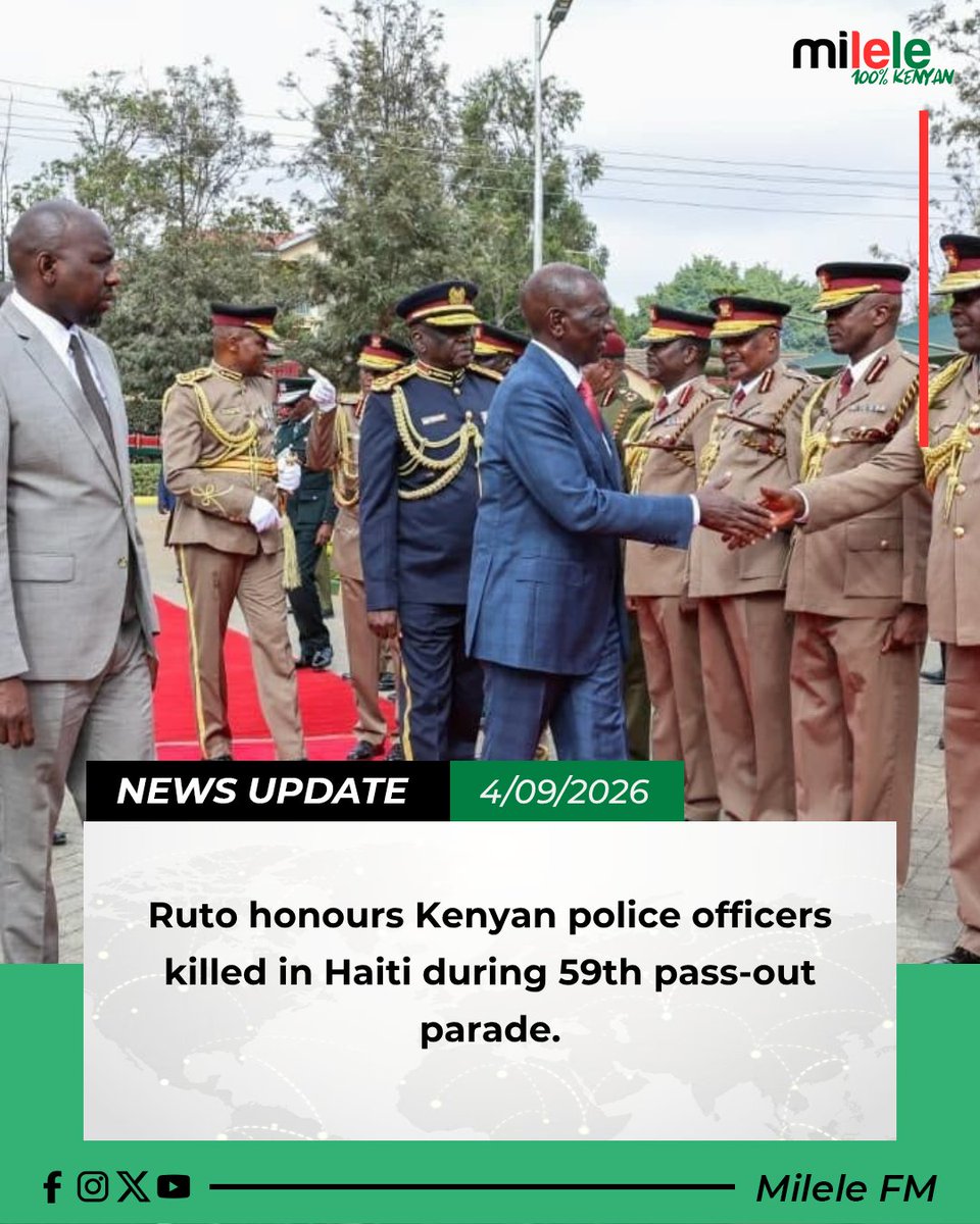 Milele_FM's tweet photo. Ruto honours Kenyan police officers killed in Haiti during 59th pass-out parade.
Learn More: https://t.co/eiFf79r64t
#milele100percentkenyan https://t.co/iKNA2PiLJY