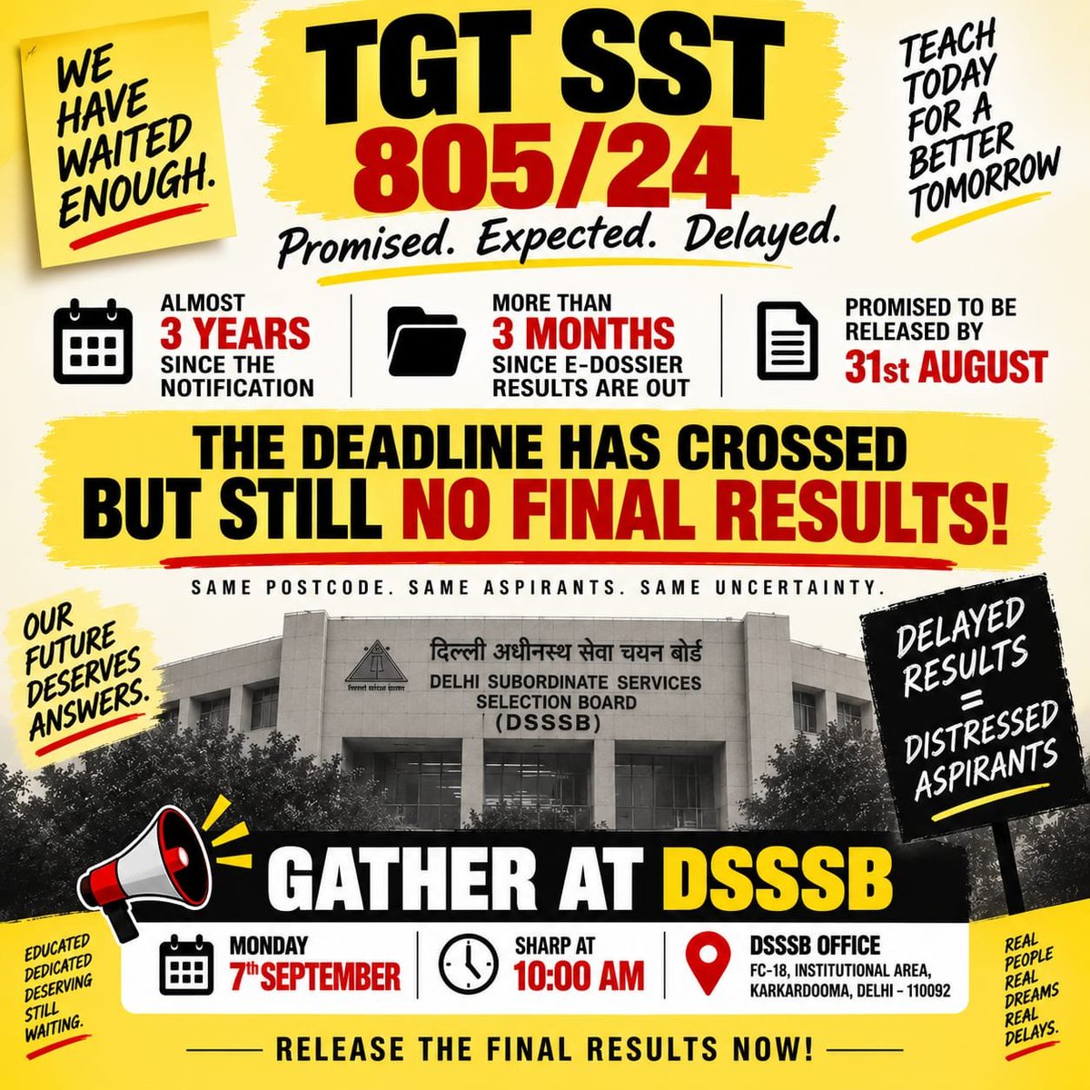 YadavPaurush's tweet photo. @dsssbofficial DSSSB TGT Social Science (805/24) result cannot remain pending indefinitely. The exam was held in November 2025. Candidates need their result, not more waiting. @dsssb_delhi — RELEASE IT. #DSSSBTGT80524 https://t.co/ZsEyBe51Mc