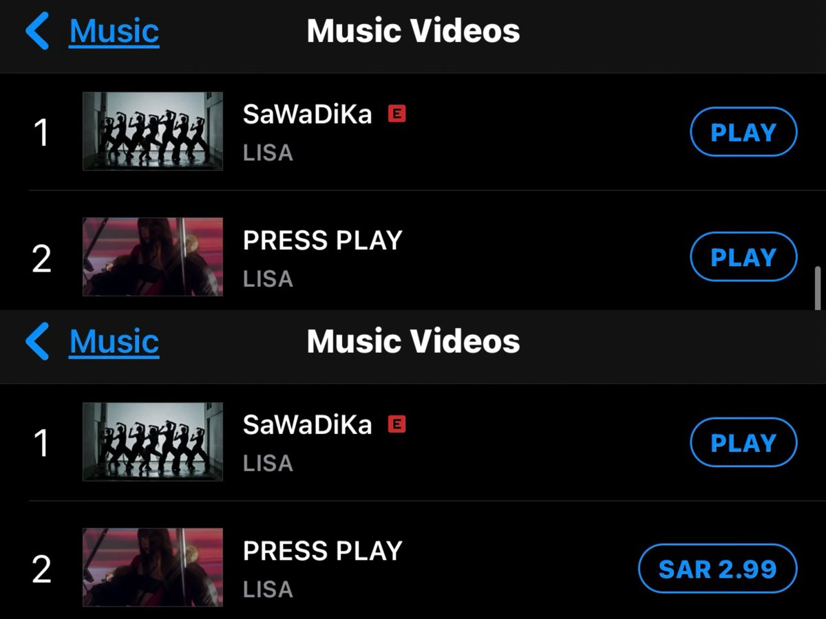 idatelalisa's tweet photo. SaWaDiKa by LISA reaches both #1 and #2 on the Saudi iTunes Songs and Music Videos charts. 🇸🇦 https://t.co/gdgiEvhxfs