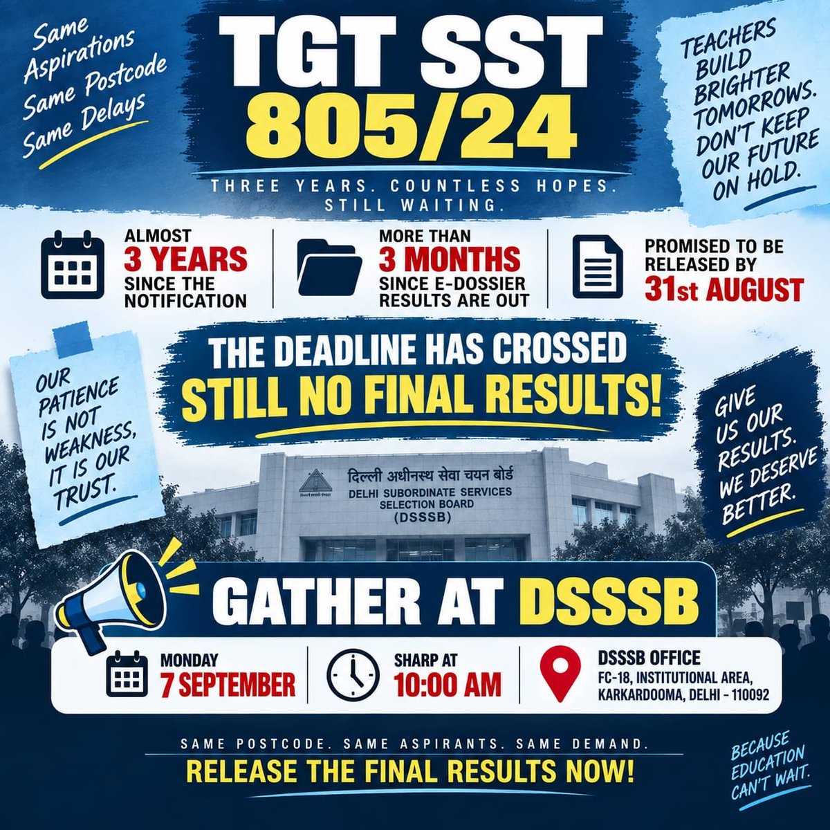 YadavPaurush's tweet photo. @dsssbofficial 3.
Months have passed since the DSSSB TGT Social Science (805/24) examination in November 2025. Still no final result, no clear timeline and no meaningful explanation. Candidates aren't asking for a favour. They are asking DSSSB to complete the process it started. @dsssb_delhi https://t.co/wqbghkFxfp