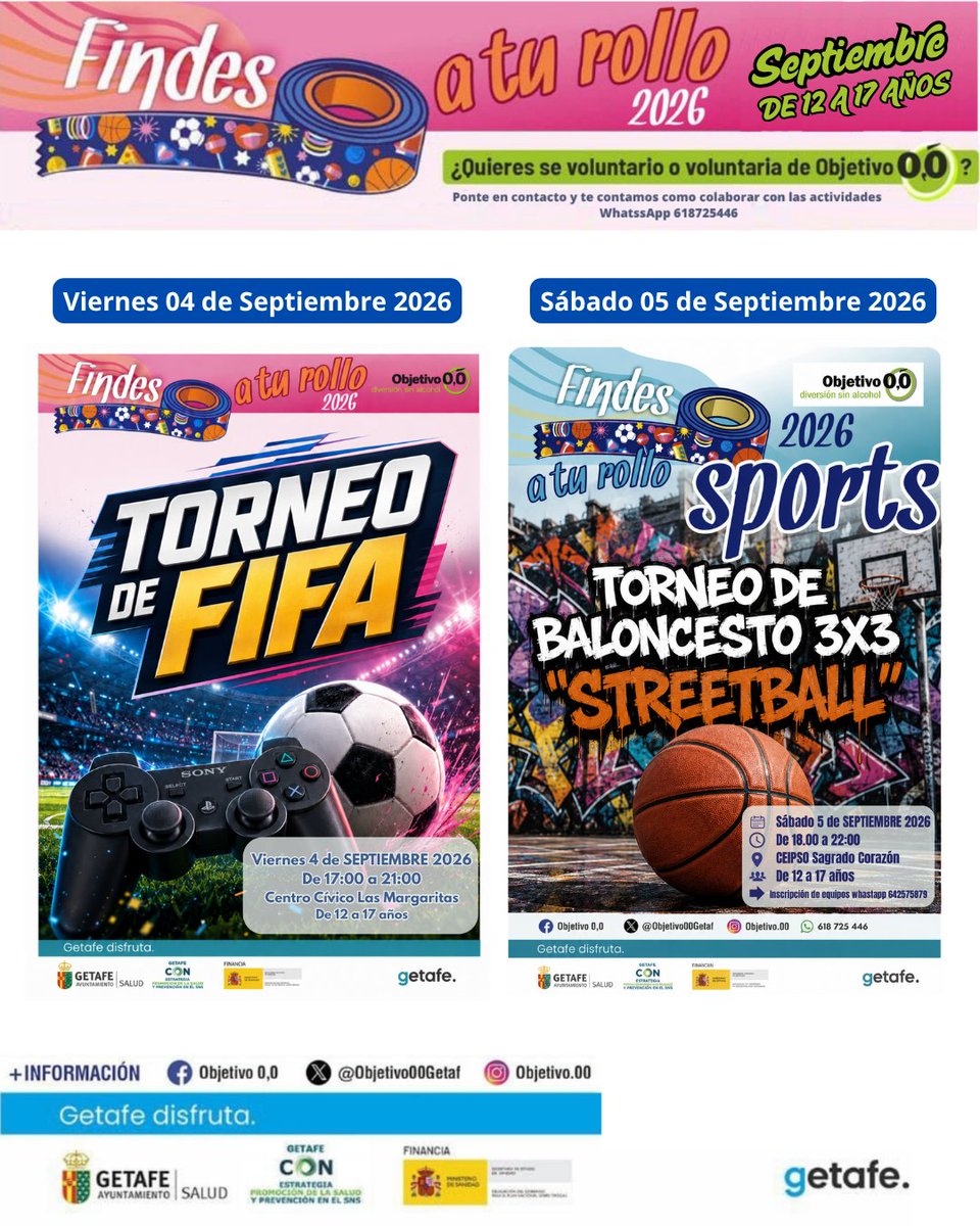 Objetivo00Getaf's tweet photo. ¡Vuelven los Findes a tu Rollo este mes Septiembre ! 🎉 Prepárate para las actividades de este Finde!
🎮 Viernes 4 : Torneo de FIFA
🏀 Sábado 5: Torneo de Baloncesto 3x3 "Streetball"
@SaludGetafe  @getafejoven  @aytogetafe 

+INFO ⬇️ https://t.co/2Xv1Fn7IN2