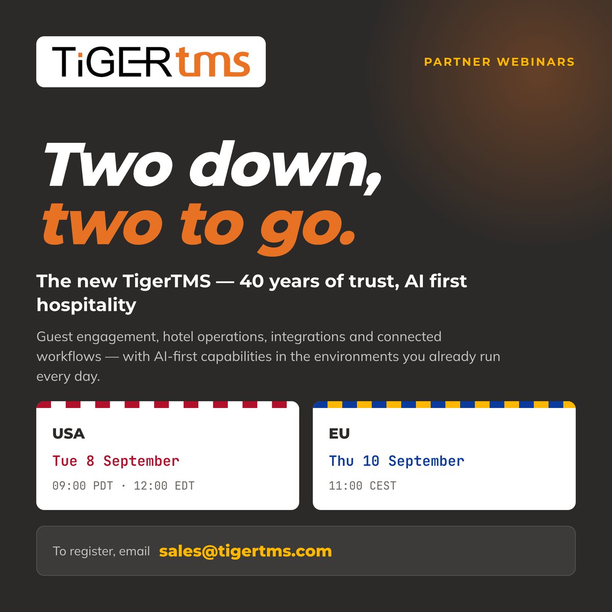 tigertms's tweet photo. Partner Webinars: TigerTMS is evolving through guest engagement, hotel operations, integrations and connected workflows, and how we're bringing AI-first capabilities into the hospitality environments. Still to come:
🇺🇸 USA: 8 Sept, 09:00 PDT / 12:00 EDT
🇪🇺 EU: 10 Sept, 11:00 CEST https://t.co/s3HpsHgw9m