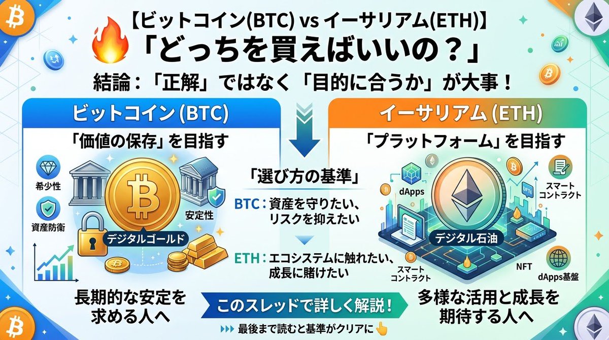 web3_0213's tweet photo. 「BTCとETH、どっちを買えばいいの？」

結論から言うと「どちらが正解か」より「自分の目的に合うか」が大事です。このスレッドで2つの違いをわかりやすく解説しますね。最後まで読むと選び方の基準がクリアになります👇 https://t.co/eceHDPQ4gW