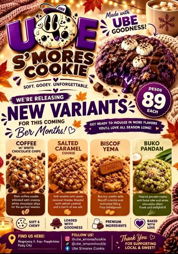 UbeSmoresC0's tweet photo. 🍪 NEW COOKIE VARIANTS ARE HERE! 🍪

This Ber Months, satisfy your sweet cravings with our soft, chewy, and flavorful cookies! 💜✨

Try Ube S’mores, Coffee White Chocolate Chips, Salted Caramel, Biscoff Yema, and Buko Pandan! 🍪

#UbeSmoresCookie #Cookies #FreshlyBaked #Sweet https://t.co/btWrEWw9XM