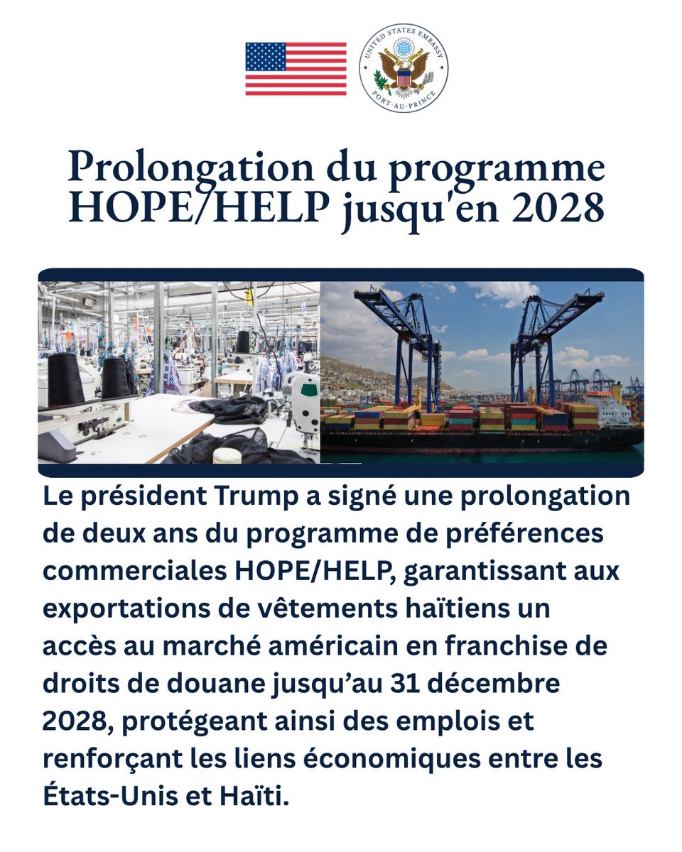 USEmbassyHaiti's tweet photo. 🇺🇸🤝🇭🇹 Une victoire pour les travailleurs des deux côtés : La prolongation des lois HOPE/HELP par le président Trump garantit aux produits textiles haïtiens un accès au marché américain en franchise de droits de douane. En Haïti, le secteur de l’habillement représente plus de 80 % des exportations et environ 10 % du PIB ; aux États-Unis, il soutient des emplois dans les secteurs du textile, de la logistique et du design. Une politique commerciale intelligente, avec des retombées concrètes pour les deux nations.
___

🇺🇸🤝🇭🇹 A Win for Workers on Both Sides of the Water: President Trump’s extension of HOPE/HELP secures duty-free access for Haitian apparel to U.S. markets. In Haiti, apparel makes up 80%+ of exports and ~10% of GDP; in the U.S., it supports jobs in textiles, logistics, and design. Smart trade policy, real benefits for both nations.