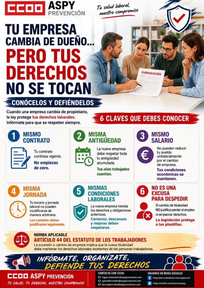 SSECCOOASPY's tweet photo. 🗣️📢 @CCOO en @ASPYPrevencion QUℹ️ERE CONTARTE
🔀🏥 ¡Tu EMPRESA CAMBIA de DUEÑO!
✅🛡️TUS #DERECHOS N⛔se T⛔CAN
➕ ℹ️nfo abajo 👇 y en #CCOO #ASPY
#ECHEVARNE
#SUBROGACION https://t.co/mihs1MjuC0