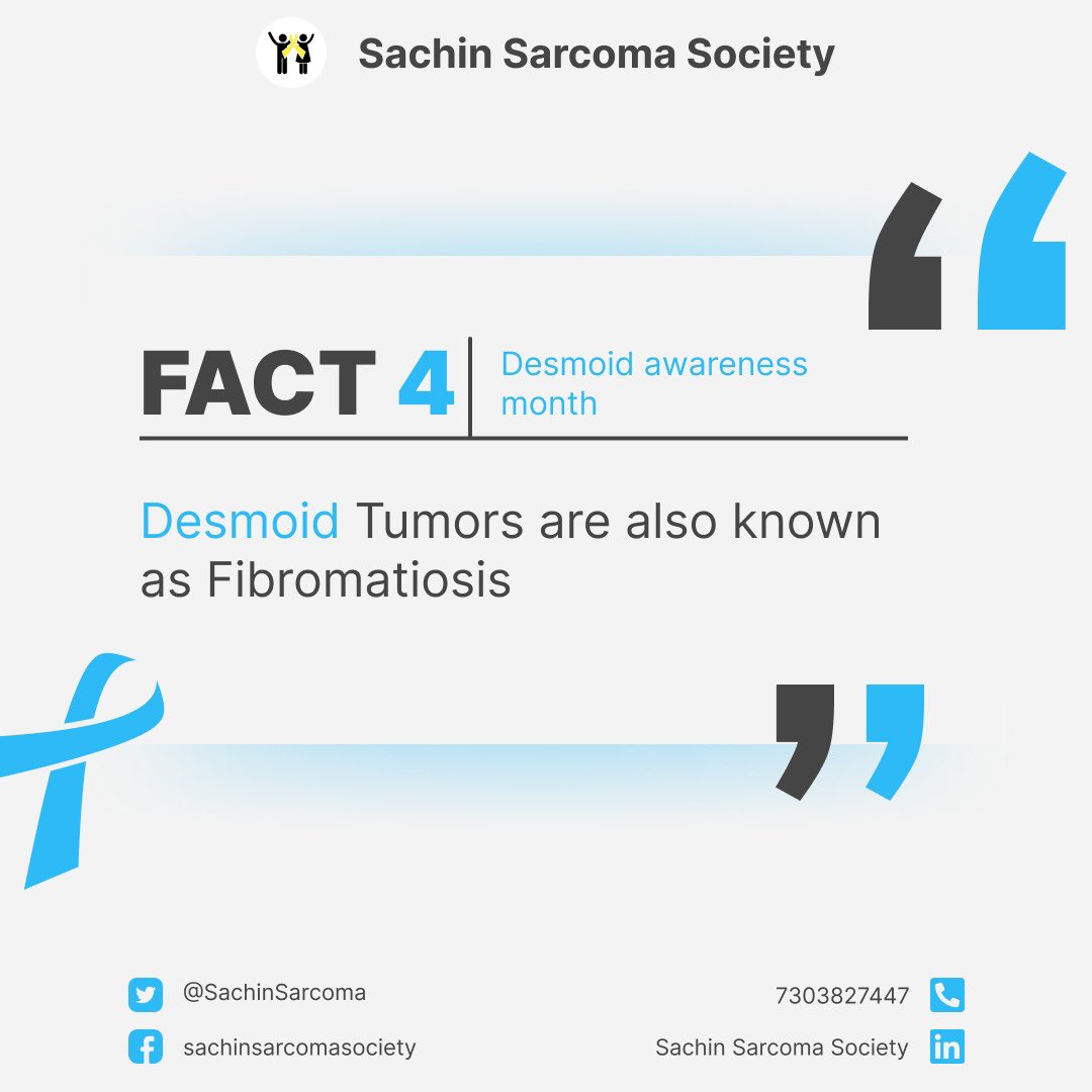 SachinSarcoma's tweet photo. Desmoid awareness Fact 4
Desmoid tumors are also known as Fibromatosis.
If you are diagnosed with desmoid tumors, join the support group of @SachinSarcoma to connect with her desmoid patients, learn from their experiences and build companionship. 
#desmoidawarenessmonth https://t.co/s1Q9rUFvuP