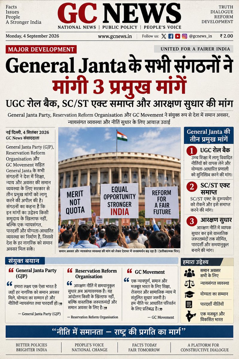 GJP_4_India's tweet photo. All the General Janta organisation keeping demand very clear
1. UGC roll back 
2. Abolish SC ST Act 
3. Reservation reform https://t.co/SkTVdzYhHX