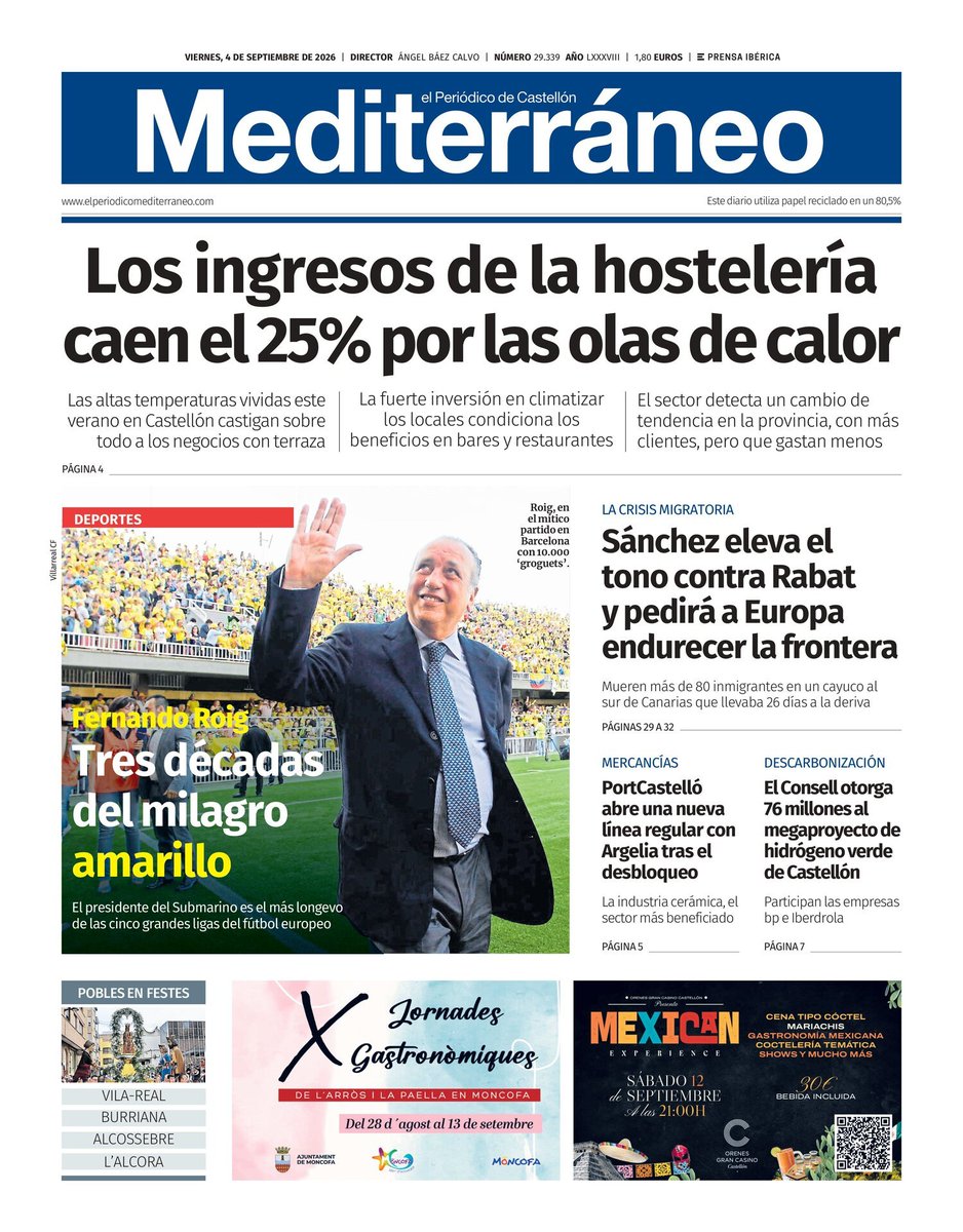 ximogorriz's tweet photo. Hoy viernes 4 de septiembre en las #portadasdeCastellón, #hostelería #olasdecalor #Eclipse2026 #deportes #FernandoRoig @sanchezcastejon #Ceuta #fiestas @portcastello @bp_Espana @iberdrola #Columbretes @GVAparcs #incendios @importaco @FAMPACS @Ruzaballos @IIPPGob @ajuntburriana https://t.co/r8h9Cy4XQB
