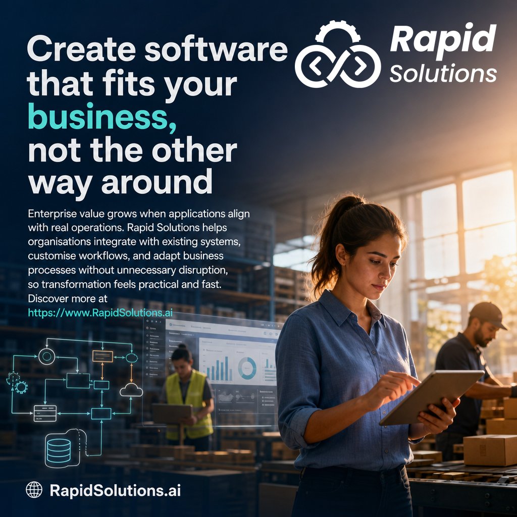 RapidSolutionsX's tweet photo. Create software that fits your business, not the other way around

Enterprise value grows when applications align with real operations. Rapid Solutions helps organisations integrate with existing systems, customise workflows, and adapt business processes without unnecessary disruption, so transformation feels practical and fast. Discover more at https://t.co/DNupuYRhrB