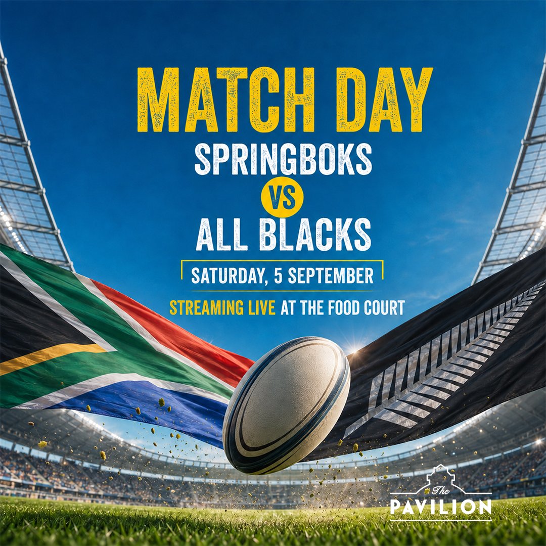 ThePavSA's tweet photo. The Springboks take on the All Blacks TOMORROW! 🔥 Catch all the action LIVE at The Pav Food Court from 17:00.

Bring your crew, grab your favourite food and let’s back the Bokke! 💚💛

#DiscoverConnectEnjoy #Springboks #Bokke #AllBlacks https://t.co/bgUpnDeCFU