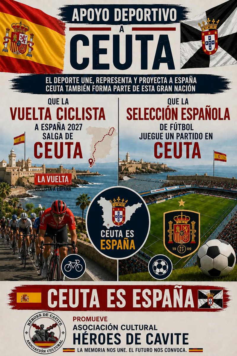 AchCavite's tweet photo. La salida de la vuelta ciclista desde Ceuta y la celebración de un partido por parte de la selección española de fútbol en campo ceutí son una oportunidad de reafirmar la españolidad de la ciudad y de agradecer la valentía de sus habitantes.

Os animamos a que compartáis el cartel para que está petición llegue a quien tenga las competencias.

Iniciativa promovida por la asociación cultural Héroes de Cavite.