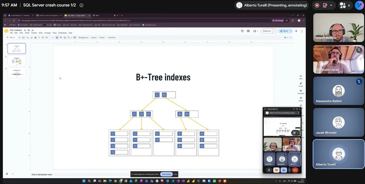 codiceplastico's tweet photo. 🖥️ Stamattina Alberto ha tenuto la prima sessione dello "SQL Server Crash Course": indici, execution plan, query pattern.

Seconda sessione venerdì 11 settembre, sul parameter sniffing.

#sqlserver #softwaredevelopment https://t.co/xmLyxLEvkv