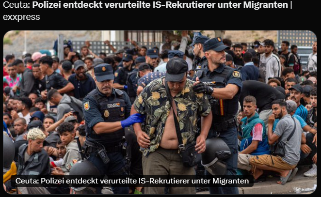 chloeterry54's tweet photo. IS-Rekrutierer brauchen keine Fahne und keine Ankündigung. Sie brauchen eine unkontrollierte Grenze und Zeit. In Ceuta gab es beides: Zehntausende auf einmal, überforderte Beamte, Prüfung erst Tage und Wochen später. Dass überhaupt Fälle auftauchen, ist kein Beweis für Kontrolle. https://t.co/1zyj5xsPAQ