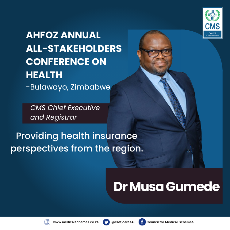 CMSCares4u's tweet photo. Today, the CMS Chief Executive &amp; Registrar, Dr Musa Gumede, is at the 2026 AHFoZ Annual All-Stakeholders Conference on Health in Bulawayo, Zimbabwe, sharing health insurance perspectives from the region. #CMSCares4u https://t.co/a0xRNaXb4I