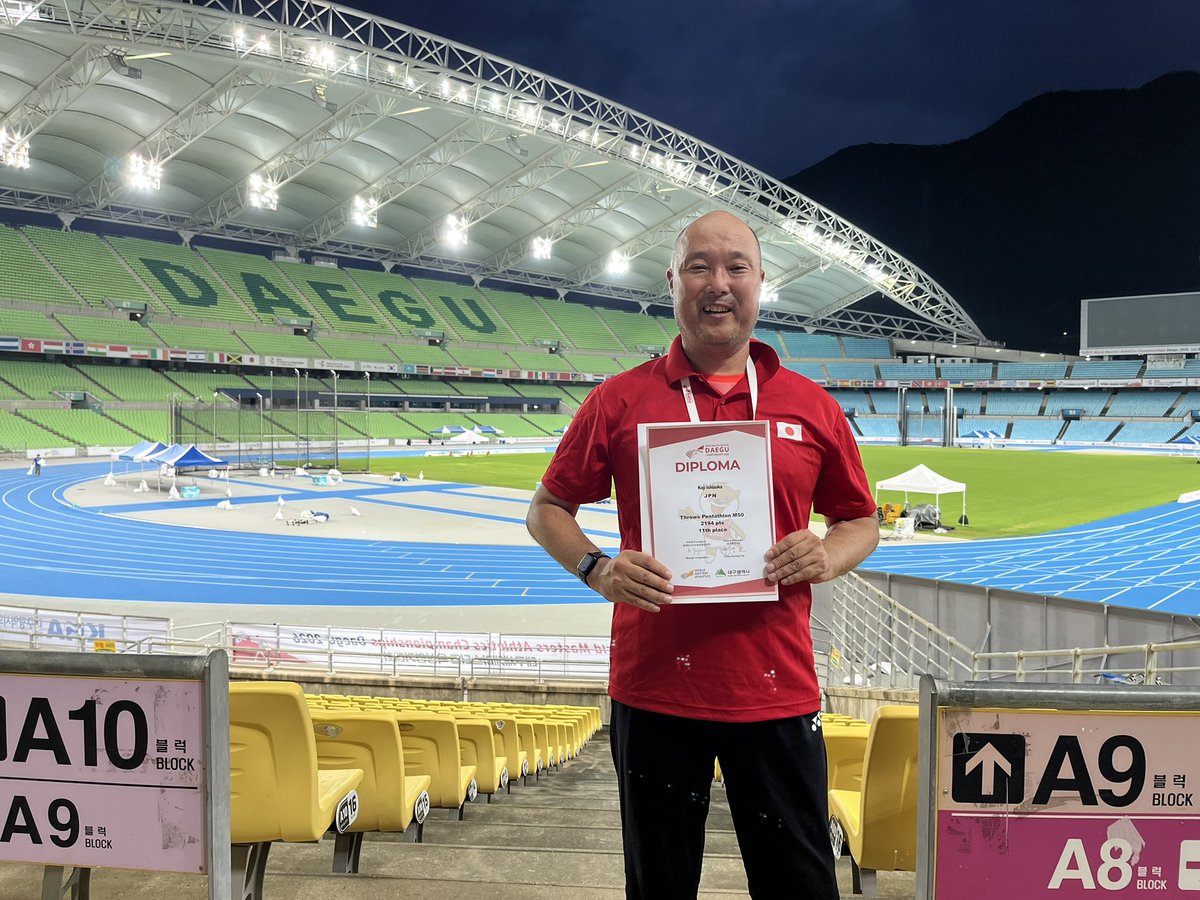 kojiisi's tweet photo. 世界マスターズ陸上・大邱2026🇯🇵🇰🇷

M50投てき五種に出場しました！
ヨーロッパ勢にボロボロにやられて、

ハンマー20.23m
砲丸9.63m
円盤30.15m
ヤリ41.40m
重量7.61m

総合11位。

世界には全く歯が立たず😂

次回オランダ🇳🇱でリベンジだ‼️

#世界マスターズ陸上
#ThrowsPentathlon https://t.co/U0JB0Zbn8u