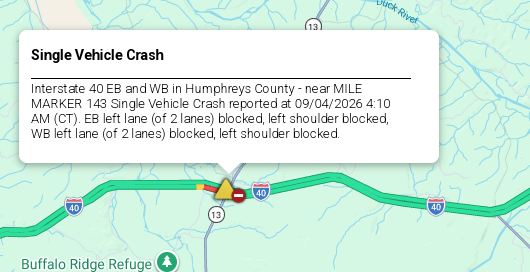 LiveTraffic2's tweet photo. Humphreys County- A crash on I-40 east & westbound at 143 mm 4:45am CT. https://t.co/5uK3erZB2W #CommanderChuck #Tennessee #TDOT #Traffic #Memphis #TrafficAlert #Follow #Gas #Travel #Live #THP https://t.co/Qu3edy1rcP