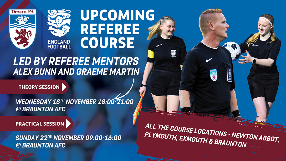 devoncfa's tweet photo. 🗣 𝗥𝗘𝗙𝗘𝗥𝗘𝗘 𝗖𝗢𝗨𝗥𝗦𝗘 🗣

Our fourth location has been confirmed and we will be heading to North Devon for another referee course.

Join us at Braunton FC in November and start your journey with the whistle, supported by mentors Alex and Graeme 👏

Book your place ➡️ https://t.co/S34eFQySM9
More info ➡️ referees@devonfa.com 📧

#DevonFootball
