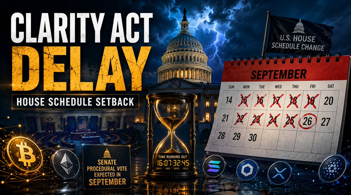 NicolaBlackwo12's tweet photo. Clarity Act vừa gặp thêm một cú chậm nhịp khi Hạ viện Mỹ hủy hai tuần làm việc cuối tháng 9

Điều này khiến khả năng hoàn tất dự luật trước bầu cử giữa kỳ trở nên khó hơn, dù Thượng viện vẫn dự kiến có bước bỏ phiếu thủ tục trong tháng 9

Mình thấy đáng tiếc vì đây đang là một trong những ưu tiên lớn nhất của ngành crypto tại Mỹ, nhưng lịch chính trị lại bắt đầu chen ngang

Mọi người nghĩ Clarity Act sẽ kịp tiến thêm trước bầu cử hay phải chờ tới cuối năm
