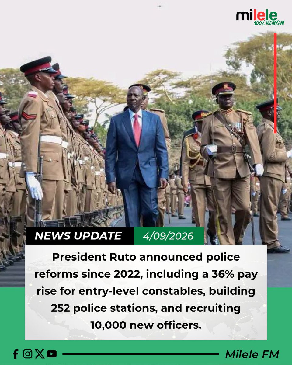 Milele_FM's tweet photo. President Ruto announced police reforms since 2022, including a 36% pay rise for entry-level constables, building 252 police stations, and recruiting 10,000 new officers.
#milele100percentkenyan https://t.co/JEfOx1mMwL