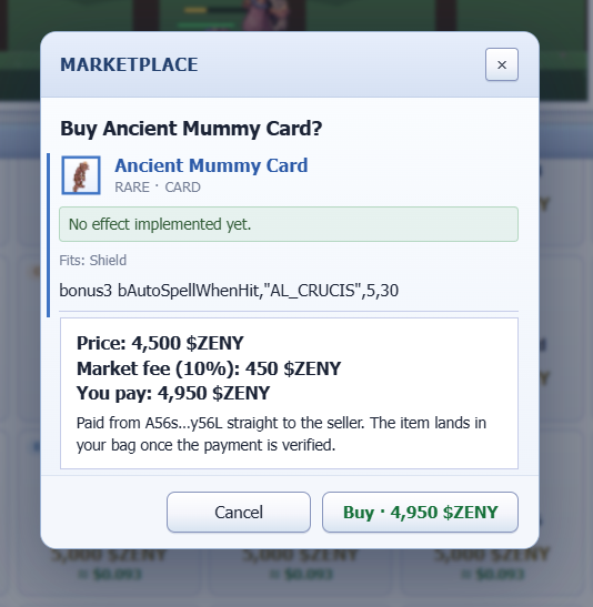 Xerlaa7m's tweet photo. @IdleROGame really said “Ancient Mummy Card? That’ll be 4,950 ZENY, peasant.” 💀😂 Paying almost 5K for a card that literally says “No effect implemented yet” is criminal… and somehow I’m still tempted to buy it 😏 https://t.co/8fZ6vL5NWW