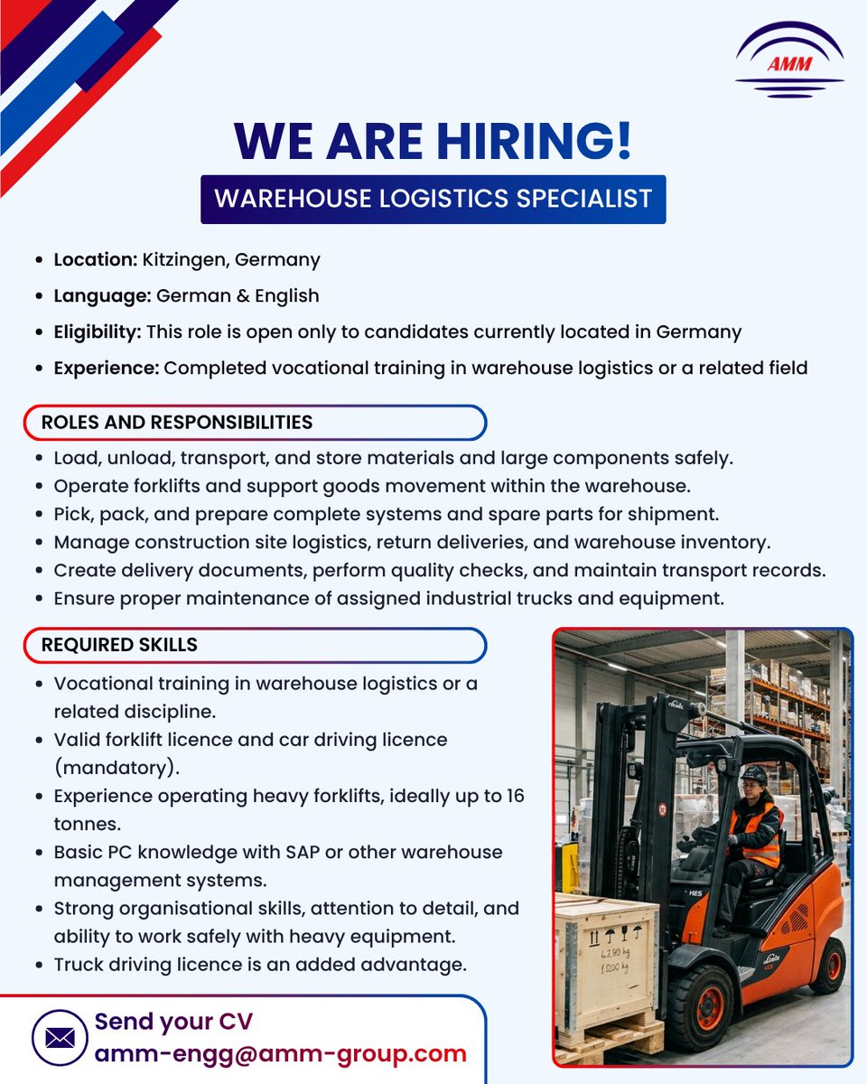 Amm_Enterprise's tweet photo. Exciting opportunity!

#AMMEnterprisegmbh #AMMGroup #germany #germanyjob #germanyjobs #job #jobs #jobsearch #engineer #engineering #wearehiring #nowhiring #hiring #recruiting #careers #Hiring #WarehouseLogistics #LogisticsJobs #WarehouseJobs #HiringGermany #JobsInGermany https://t.co/XAtEBOzzU6