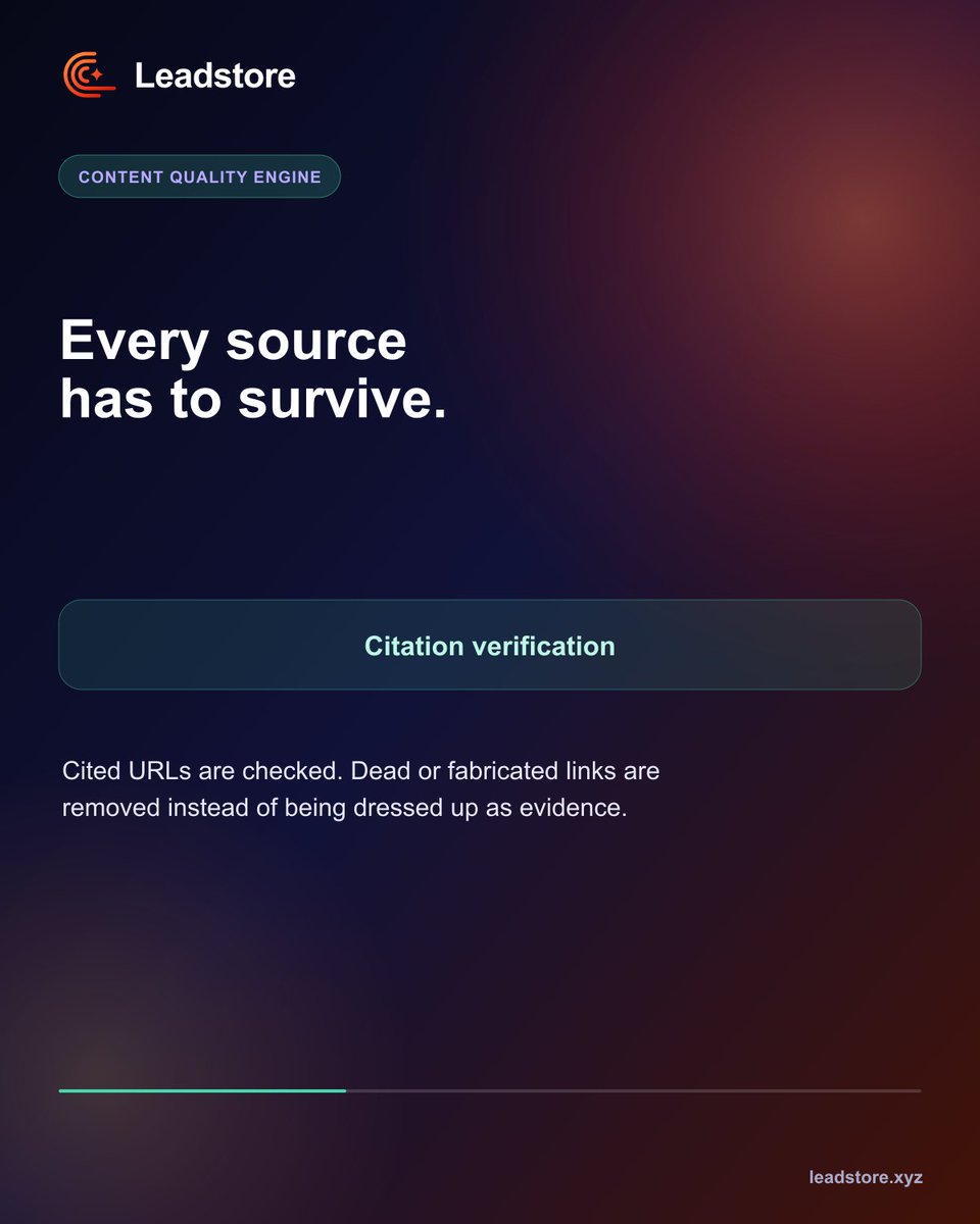 TowsifAhamed07's tweet photo. Generation is only half the job. Leadstore checks citations, draft grounding, component quality, trust signals, and hard failures before publishing. https://t.co/68K9UPLpGu #ContentQuality #AIContent #AEO #SEO #Leadstore https://t.co/2DKM174vzv