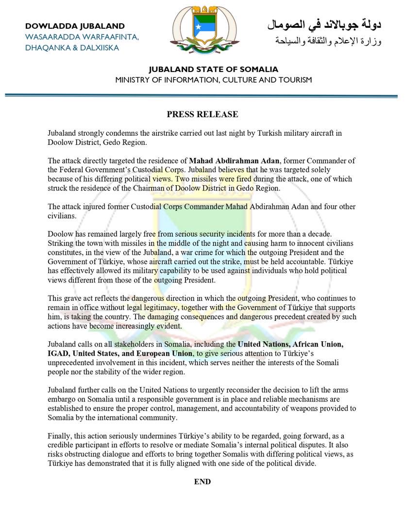 MOICTJUBALAND's tweet photo. Jubaland strongly condemns last night’s Turkish airstrike on Doolow, which injured former Custodial Corps Commander Mahad Abdirahman Adan and four civilians. Jubaland holds the Federal Government responsible for using foreign military power to target political opponents. https://t.co/qTgUuXKuzH