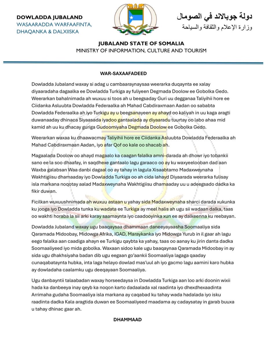 MOICTJUBALAND's tweet photo. Jubaland strongly condemns last night’s Turkish airstrike on Doolow, which injured former Custodial Corps Commander Mahad Abdirahman Adan and four civilians. Jubaland holds the Federal Government responsible for using foreign military power to target political opponents. https://t.co/qTgUuXKuzH