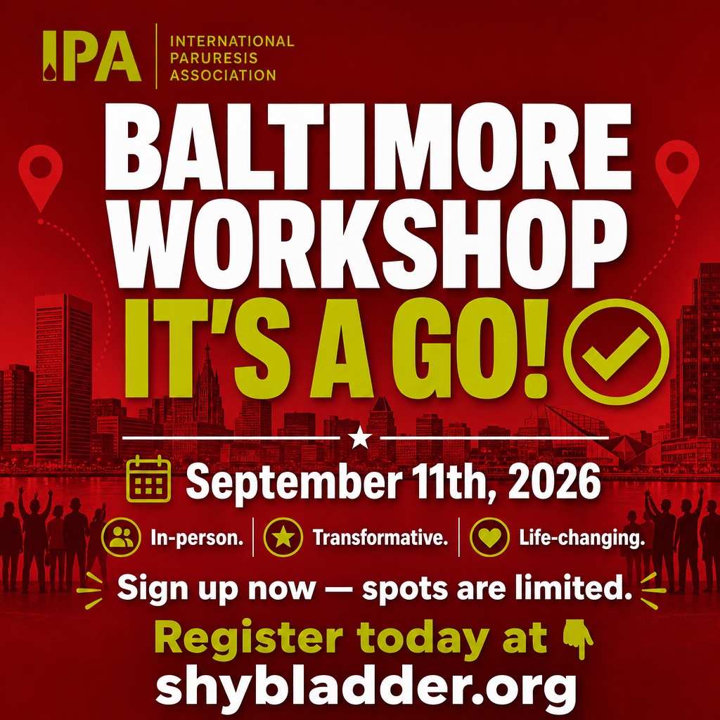 Paruresis_IPA's tweet photo. The live workshop in Baltimore is a go for the September 11th weekend!

Sign up at https://t.co/oPGUpc4awu !

 #paruresis #shybladder #ipa #bashfulbladder #bathroomanxiety https://t.co/PMQv3wJ7IM