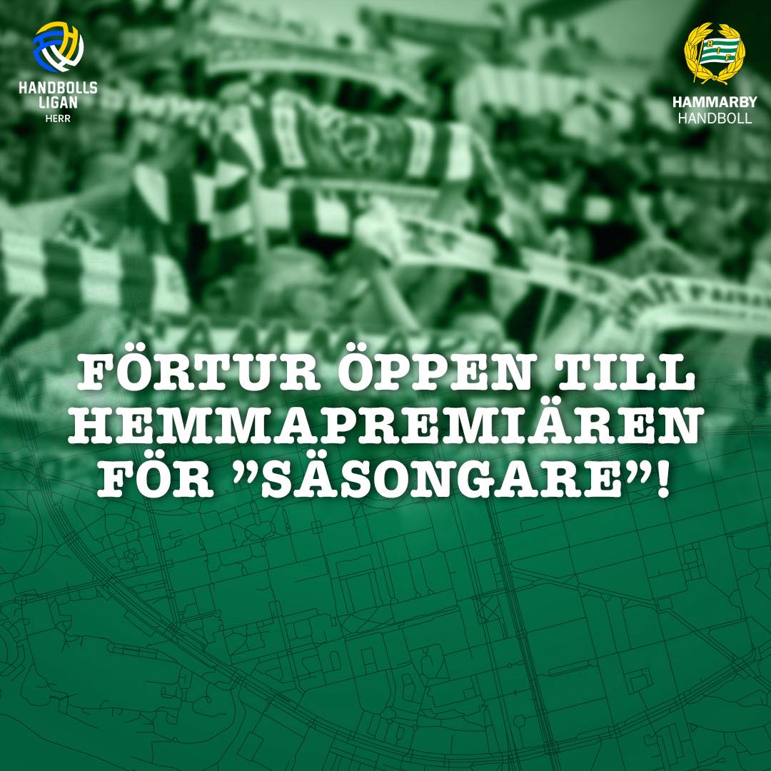 hhandboll's tweet photo. 🚨FÖRTUR ÖPPEN! Nu kan du med säsongskort köpa biljetter till hemmapremiären i ligan 26/9 – kolla din mejl!

❗Vänligen mejla biljetter@hammarbyhandboll.se om du inte fått mejlet eller har frågor kring förturen så hjälper vi dig!

#bajen #ekenlaget #handbollsligan https://t.co/1ZRl1bJ7sp
