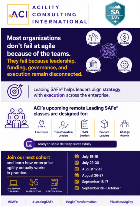 AgilityConsult2's tweet photo. Agile transformation rarely fails because of Scrum.
It fails because leadership alignment never happened.
Leading SAFe helps organizations connect strategy to execution.
https://t.co/4ur76kQXeq

#SAFe #LeadingSAFe #BusinessAgility https://t.co/BfRt7C2pJ5