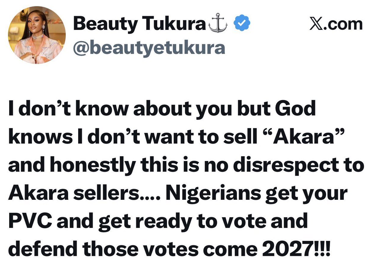 UHipolite's tweet photo. 2027: I don’t want to sell Akara— BBN’s Beauty Tukura cries out, urges Nigerians to get their PVC https://t.co/6LxCQHyTvW