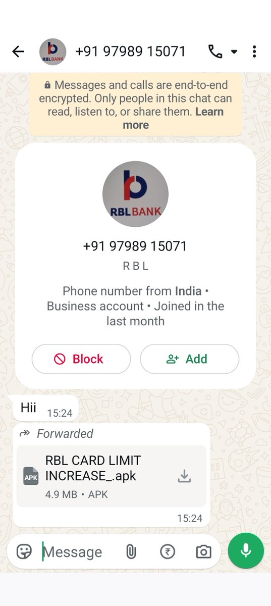 hemant9058's tweet photo. @rblbank @RBI @sanghaviharsh 
I guess this number is fraud . 
Asking to download the Apk file .

Please check and save the citizen . https://t.co/d2MbiGGur3