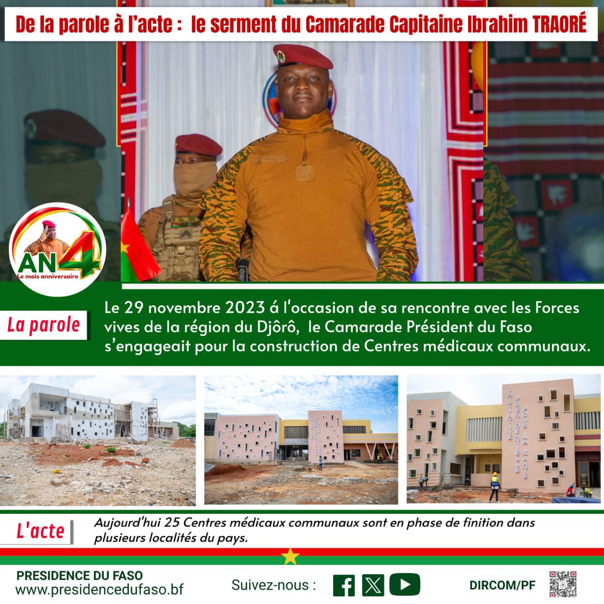sigbf's tweet photo. AN4
DE LA PAROLE À L'ACTE : le serment du Camarade Capitaine Ibrahim TRAORÉ 

Vignette 4/30: Construction des Centres Médicaux Communaux https://t.co/Y8vm95kh4P