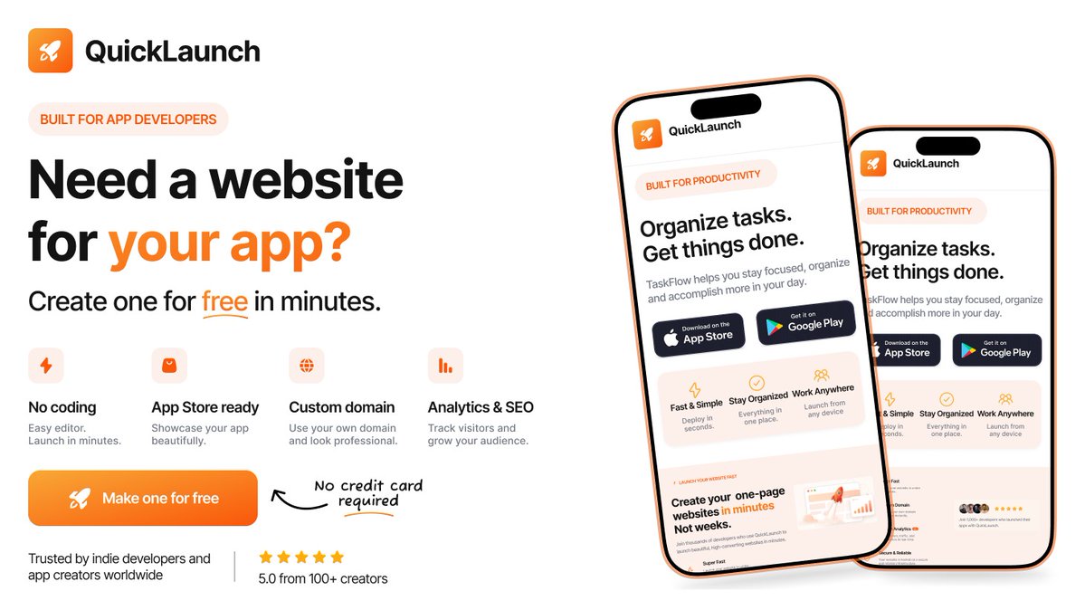 QuickLaunchtech's tweet photo. Free app website

Build your app website in 60 seconds. 🚀

No coding needed
App Store &amp; Google Play buttons
Custom domain
Privacy Policy + Terms generator
Contact button
Built-in analytics

Your app is ready. Your website should be too