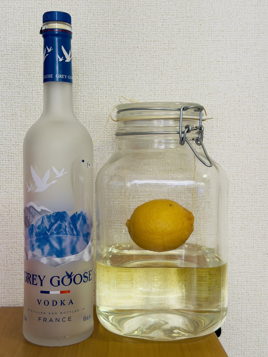 IaaIto's tweet photo. こっそり楽しみにしている

"漬けないお酒"  「パディ・ドランジェ」

約5ヶ月経過です。底の砂糖が溶け、中のウォッカが上から黄色に。レモンはくすんだ色になってきていますが特に腐ったりカビが生えたりはしていません。アルコールすごい！ https://t.co/9coAV86yg1