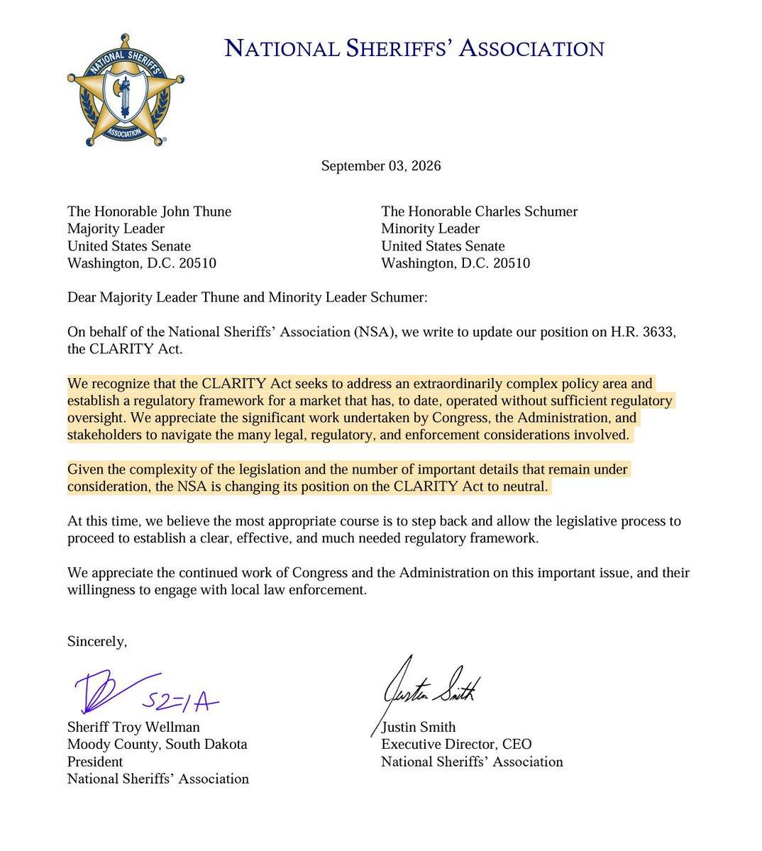 bitcoinlfgo's tweet photo. BIGGG 💥 

U.S. LAW ENFORCEMENT GROUP THE NATIONAL SHERIFFS’ ASSOCIATION SUPPORTS THE CLARITY ACT.

CRYPTO REGULATION IS MOVING FORWARD 🚀 https://t.co/s8wfpxXUei