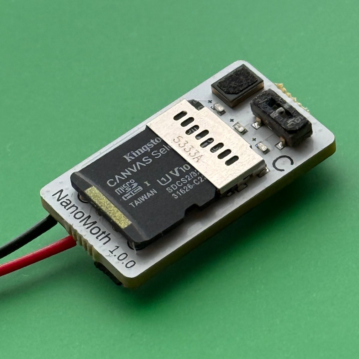 OpenAcoustics's tweet photo. Our prototype NanoMoths are going out for field trials this week. Weighs just 6g including a 150 mAh Li-Ion battery and not much bigger than a micro SD card. Supports all the features of standard AudioMoth up to 192 kHz sampling rate. https://t.co/MIX1hMXgP9