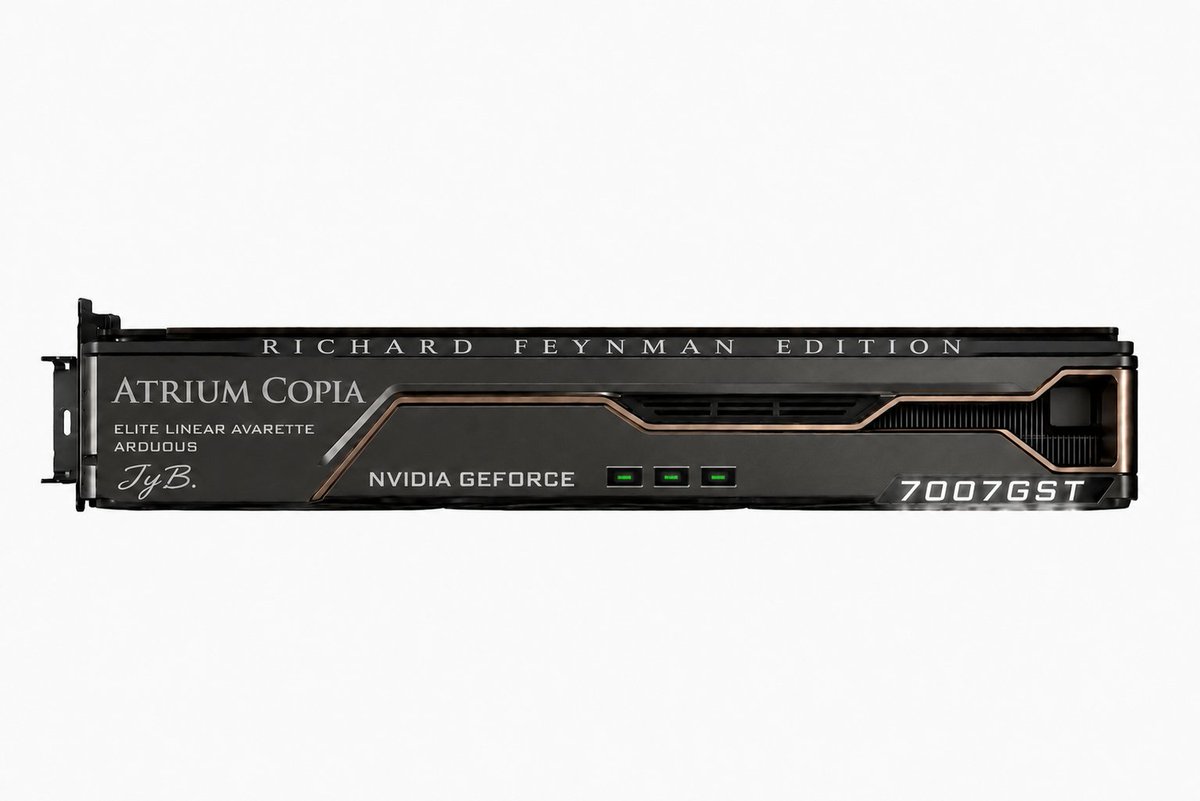 AtriumCopia's tweet photo. It appears my math was right.... 

@nvidia 
This is gonna be the coolest sub-gov card ever, the 3060 deletionist.

**7007 GST — 2030 common APU  
NVIDIA readout (concept, not a shipping SKU)**

One board. Three blocks side by side: **3D-stacked GPU | APU | EM timing/power tree**. Not two motherboards. Not a Kyber/Feynman rack module.

**Package power: 350 W**  
• GPU stack **250 W** — ~**16,384 CUDA**, compute + SRAM stacked (SoIC-style).  
• APU **40 W** — Rosa-class Arm, compact **FSB-era package**, physics / sim / agents.  
• EM block **60 W** — VRM + magnetics + clock fan-out. **Not a third GPU.**

**EM tree:** 768 transistor drivers at **≤100 MHz**. They set **static GHz bands** for the GPU stack and APU from a temperature/performance dial. They do not run shaders. If the APU needs a clean **oscillator + ground reference** for its PLL, that is this block. Clocking itself is a few watts; the rest of the 60 W is FET drive and coil loss. No “hovering discharge” as compute.

**Memory — no GDDR7 mode-switch**  
Main pool: **24 GB + 32 GB = 56 GB** DDR6/LPDDR6-class. One protocol.  
**28 GB high-bandwidth window** = controller QoS / channel priority on half the pool — **not** DDR6 chips retimed as GDDR7.  
On-package local: **4 GB CPU + 8 GB APU**.  
Display reserve: **2.8 GB × 10 heads = 28 GB** in the fast window. Remaining ~28 GB + 4+8 GB = OS, CPU, physics, game set.  
Real GDDR7 rates require a **BOM change**, not a mode bit.

**I/O:** 6× DisplayPort + 2× HDMI + 2× USB-C 4K. Ten live heads.  
• **10×4K video** (decode + DSC + compose) — yes.  
• **10×1080p surround @ 120 Hz** with upscaling/frame-gen — yes.  
• **10×4K native games** — no (250 W / 16k, not the 56 GB).

**Cooling:** Two-sided package thermals. **2×100 mm + 1×80 mm**, APU-facing. Inductor-heavy VRM along both edges.

**Class:** 2030 Spark-line APU (Rosa + Feynman-cut). Gaming ≈ **4080–4090** at a locked clock. Command-wall + surround-pit SKU, still a real GeForce for wide 1080p.

**Ask:** Feasibility on (1) 10-head display engine, (2) 4+8 GB local + 56/28 GB QoS memory, (3) static thermally dialed clocks, (4) 350 W two-sided thermals. Separate spike only: a real GDDR7 PHY. Do not assume a protocol switch on DDR6.