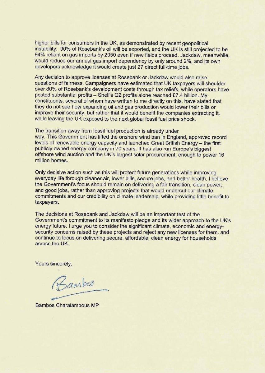 BambosMP's tweet photo. Over the summer, I have heard from countless constituents concerned about both new oil and gas exploration licenses for #Rosebank and #Jackdaw.

Please read my letter to the Secretary of State for Energy and Net Zero calling for a rejection of any new licenses 👇🏼 https://t.co/f5af1fByUm