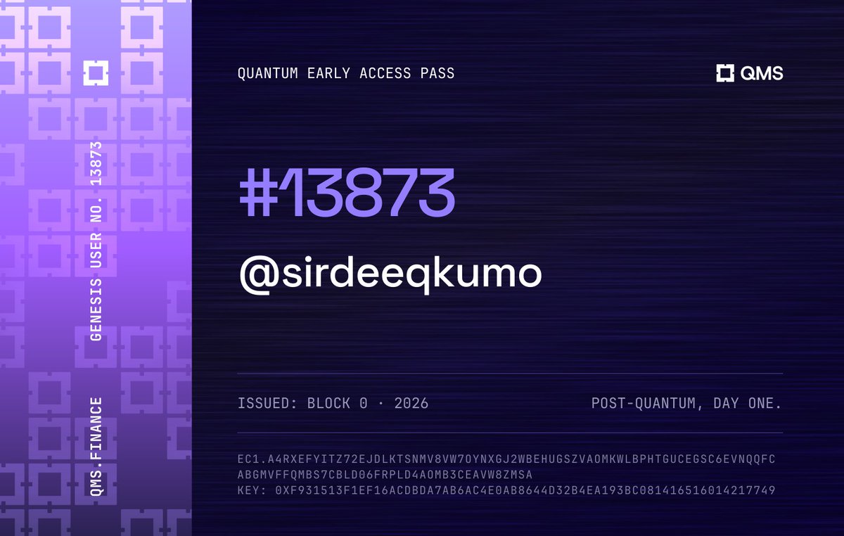 sirdeeqkumo's tweet photo. Proof I was here early.

I just claimed Quantum Early Access Pass #13873 on @QMSNetwork.

What number did you land?
    
 https://t.co/cdX6QrwoAP https://t.co/HxrQwl5kfK