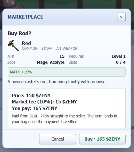 Asepsaeiu's tweet photo. @IdleROGame is keeping the upgrades nice and affordable 👀 A basic Rod for just 165 ZENY after the market fee, with +15% MATK too? That’s a pretty sweet starter deal for any new caster. 🪄🔥 https://t.co/CApzdeJt0T